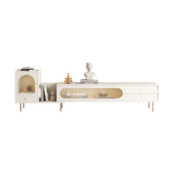 Beige Extendable TV Stand with Sliding Glass Door, Bookshelf & 3 Drawers